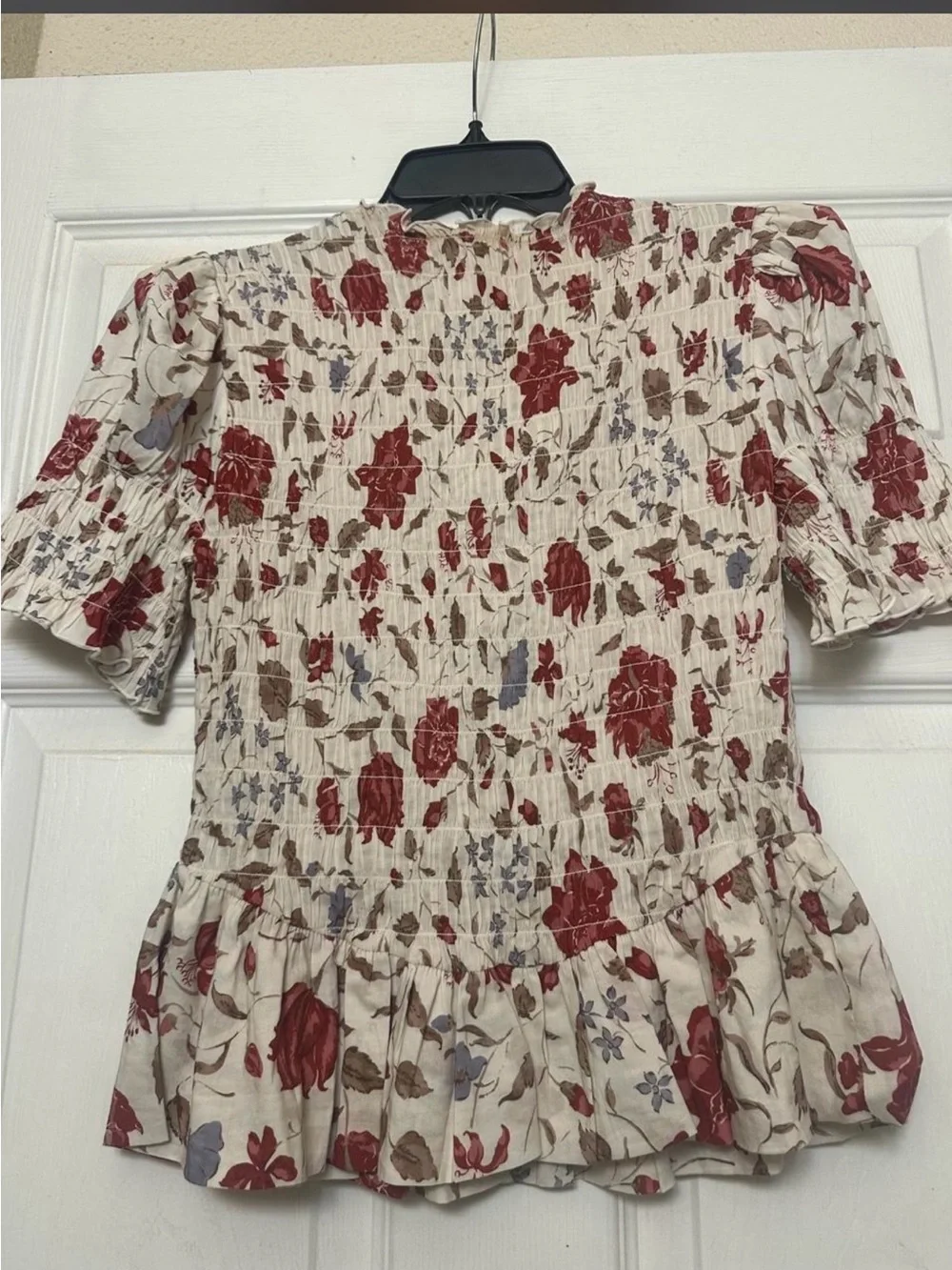 Reformation Cream Smocked Floral Peplum Top with Red Blooms